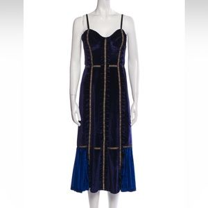 Self-Portrait Slip Dress in Blue Velvet with pleated accents.